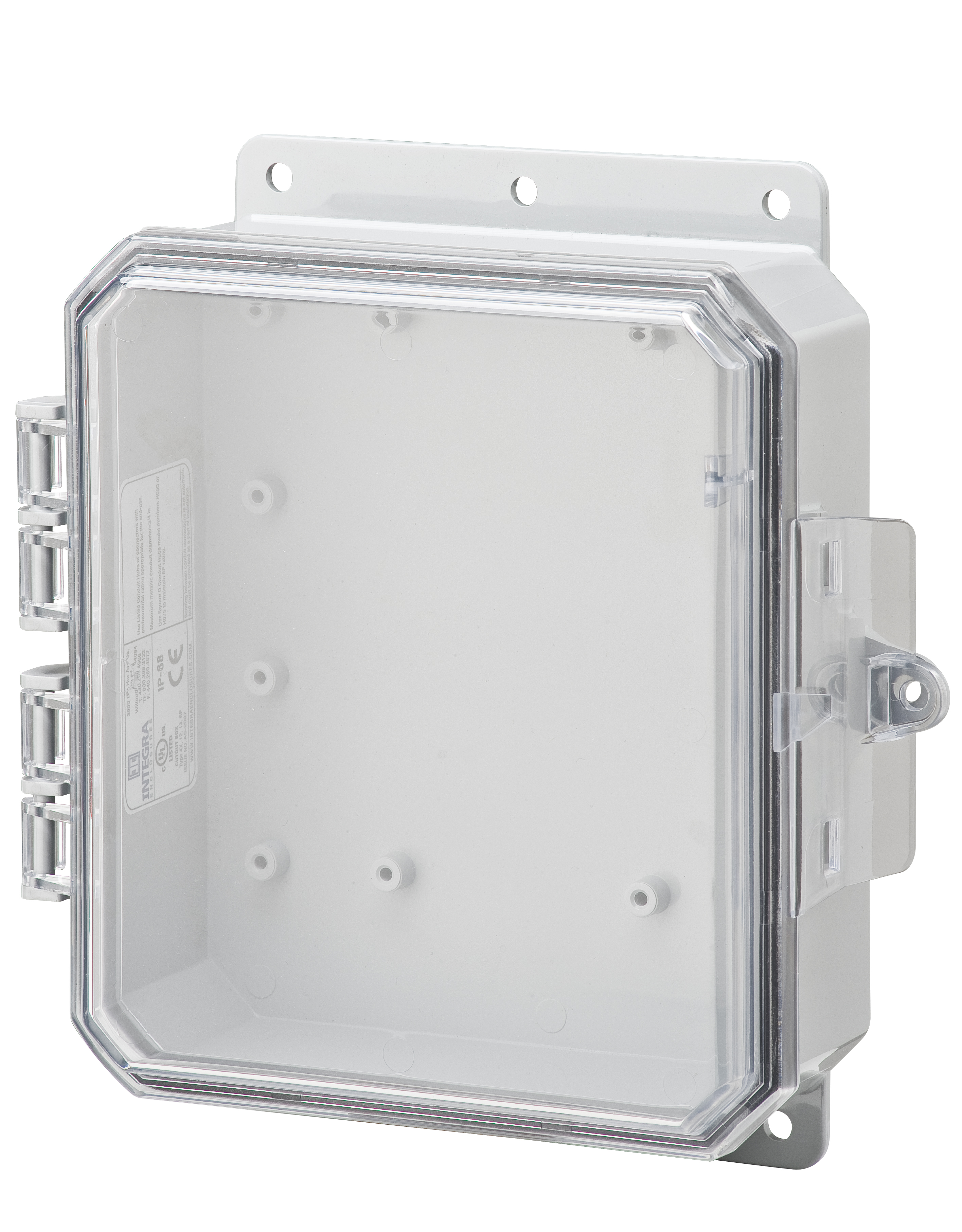 Integra Wallmount Enclosure; 8" x 6" x 3"; Polycarbonate; Transparent Cover; Hinge Connection; NEMA 6P
